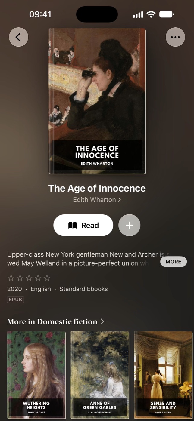 A book page with its cover, author and a Read button