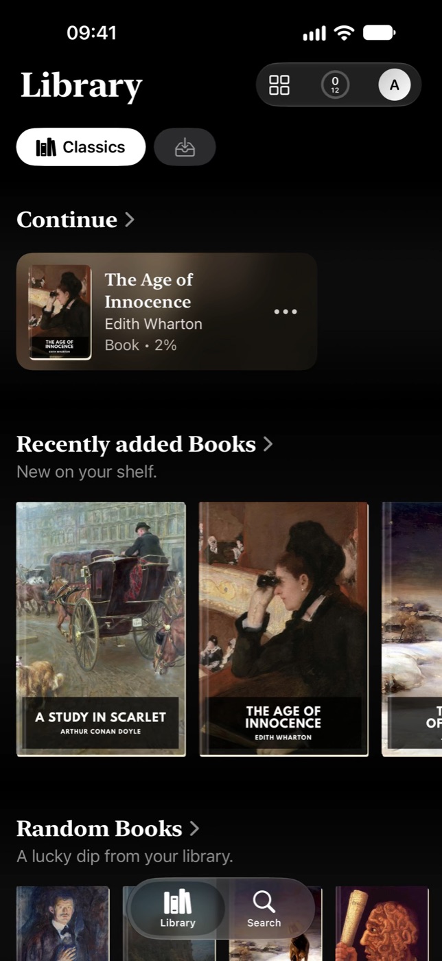 The Shelf home in dark mode